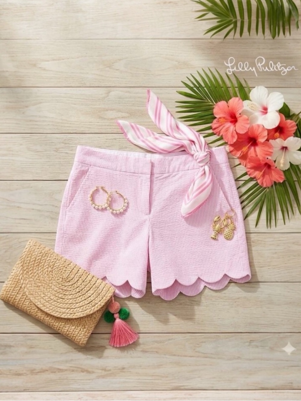 Lilly Pulitzer The Buttercup Scalloped Shorts | Pink Seersucker | Size 00
